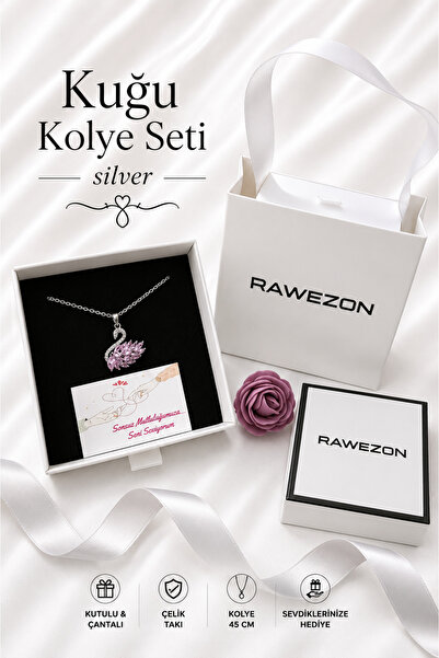 RAWEZON Özel Çekmeceli Hediye Kutusunda Pembe Taşlı Kuğu Kolye - Sevgiliye, A...