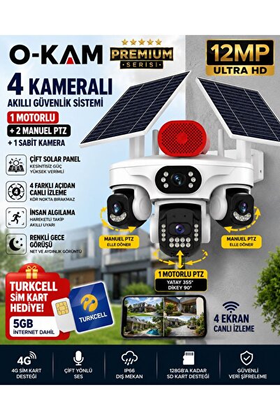O-KAM OK337B Premium 12MP 4 Kameralı 4G Çift Solar Panel AOV Gece Görüş Sesli...