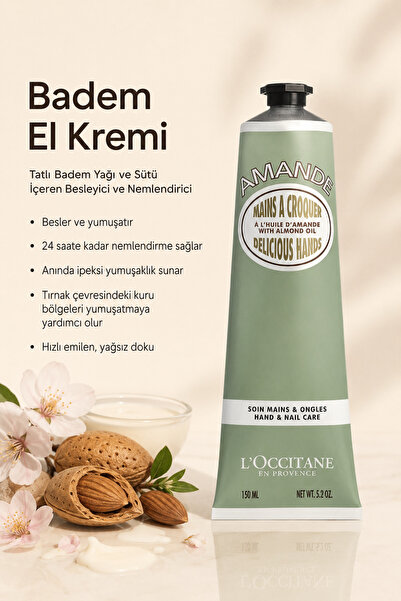 L'Occitane Badem El Kremi, Tatlı Badem Yağı ve Sütü İçeren Besleyici ve Nemle...