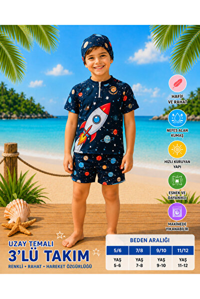 rony pony kids Erkek Çocuk UV Korumalı Mayo Takımı Şapkalı 3 Parça