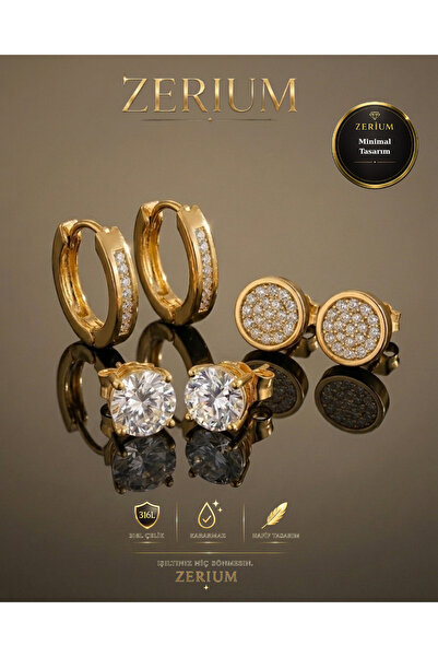 ZERİUM Women's Gold Steel 3-Piece Earring Set with Zircon Stone, Solitaire an...
