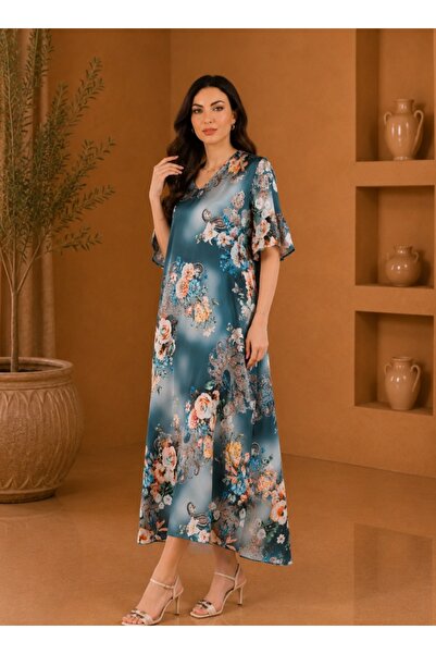 amaan Women's modern Floral Print Satin Jalabiya Dress, V-Neck, Flutter Sleev...
