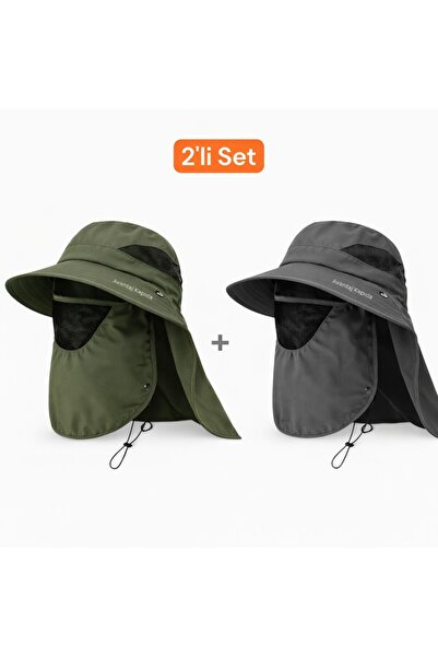 Mustran 2'li Set Güneş Korumalı Sök Tak Maskeli Enseli Güneş Şapkası Unisex O...
