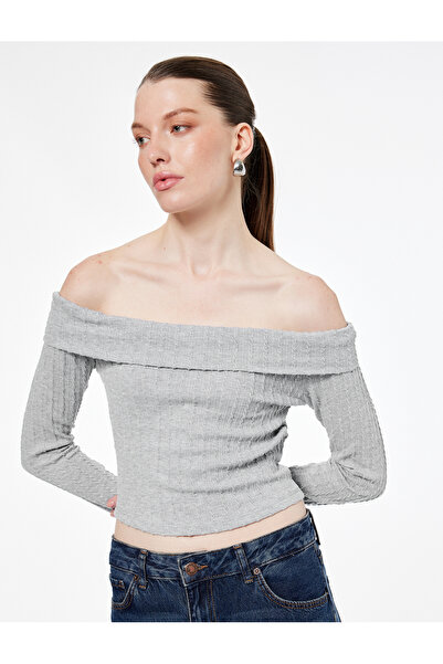 Koton Slim Fit Long Sleeve Hair Braid Textured Off-The-Shoulder Blouse