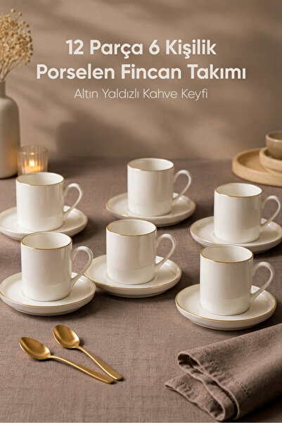Vienev Porselen Altın Yaldızlı 6 Kişilik Kahve Fincanı Takımı Seti 12 Parça