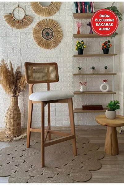 silla Zion Bar Sandalyesi Teddy Krem Kumaş Hasırlı Bar Sandalyesi Naturel Ahş...