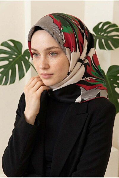 Vissona %100 Twill İpek Çiçek Desenli Krem - Bordo Renkli 90x90 Eşarp Dikim Ş...
