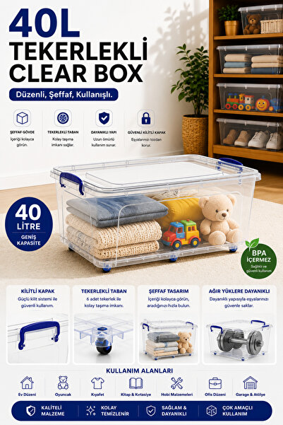 Virela Home 40 L Clear Box 6 Tekerlekli Şeffaf Saklama Kutusu Kilitli Kapaklı...