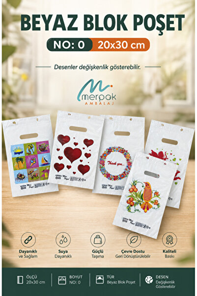 Merpak Ambalaj Beyaz Poşet 100'lü No 0 Takviyeli Poşet 20x30 cm El Geçme Bask...