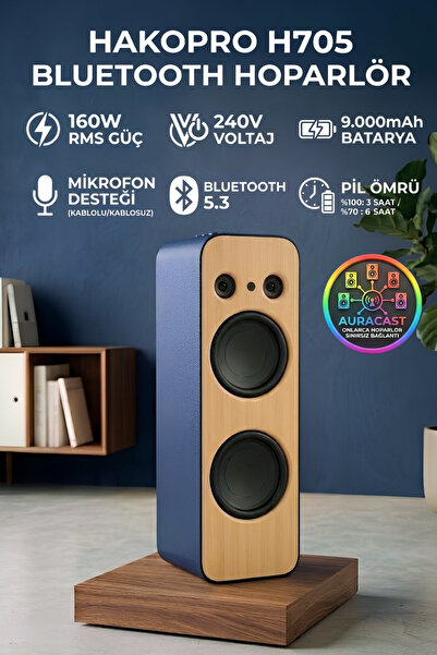 hakopro 160W Ekstra Bass 9000 mAh Mikrofonlu Lacivert Deri Hoparlör H705L