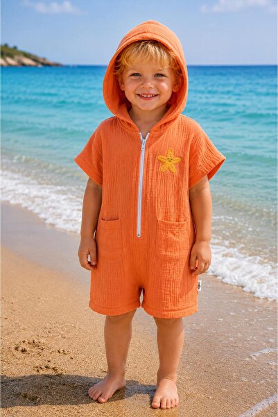 Be'Calm Zip Hoodie - Organik %100 Pamuk Müslin - Nakışlı Bebek Plaj Havuz Den...