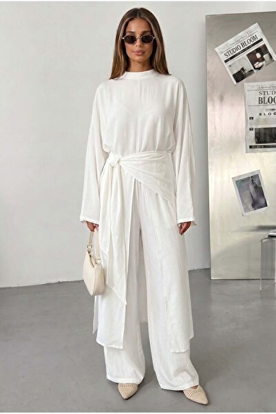 HerTon Women's Belted Kimono Tunic and Wide-Leg Pants 3-Piece Hijab Set