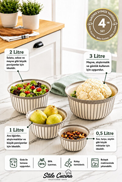 Stile Cucina 4 Parça Linea Yuvarlak Pratik Kase Çeyiz Seti 1x(500 Ml) 1x(1-2-...