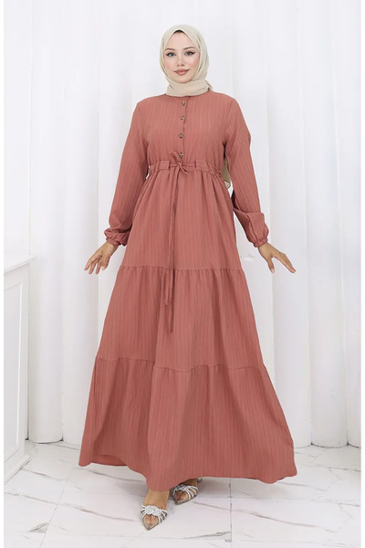 sefamerve Rochie cu mâneci elastice și legare la talie 2158-05 Onion Peel
