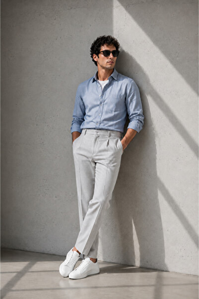 BRACCAS Men's Comfortable Cut Pants with Elastic Waist in Light Gray