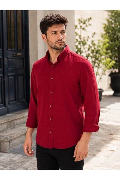 EMPEROR APPAREL Erkek Bordo Kırmızısı Uzun Kollu Pera Keten Görünümlü Gömlek