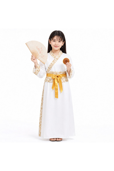 joyland Girls' Long White Kimono with Gold Embroidery
