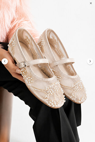star shoes Kadın Bej İnci İşlemeli Çiçek Desenli Boncuklu Şeffaf Tül Babet