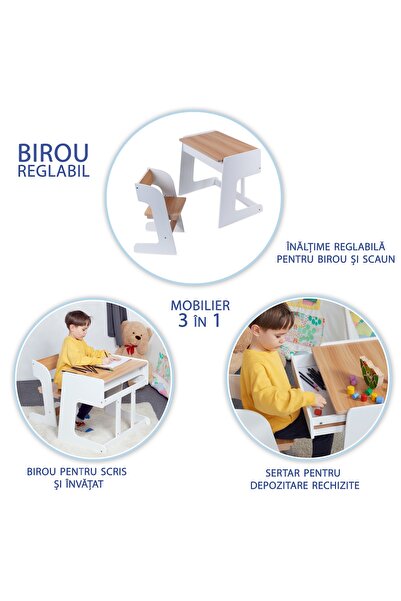Suporto Birou Reglabil pentru Copii Suporto, cu Scăunel și Depozitare, Alb, Stabil si Rezistent, 3-7 ani