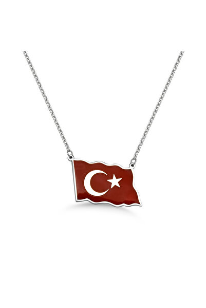 Mavili Gümüş Türk Bayrağı Mineli Gümüş Kolye