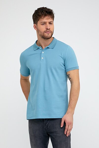 ENQUE Men's Solid Short Sleeve Basic Long Ice Blue Polo Neck T-Shirt