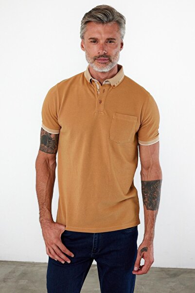 ENQUE Men's Basic Polo Neck Short Sleeve Pocket Solid Tan T-Shirt