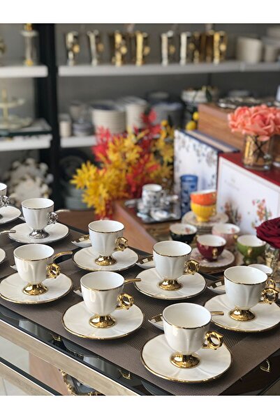 Ogeda Home 6 Kişilik Gold Detaylı Kahve Fincan Takımı - 6 Kişilik Gold Porsel...