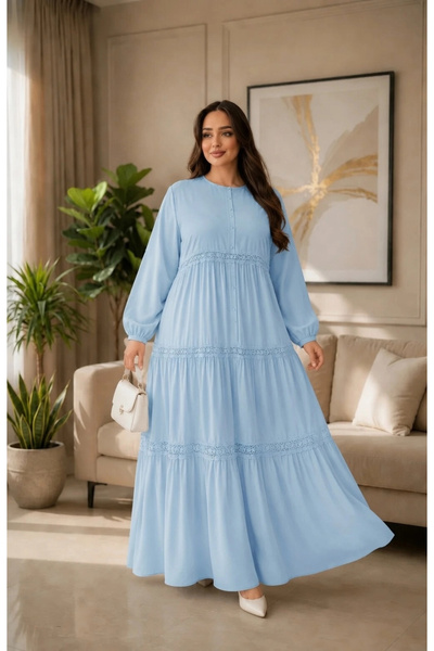 AZRA BUTİK Magnolia Pattern Lace Detailed Dress Blue