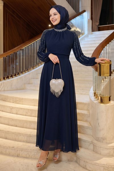 InStyle Stoned Sleeves Sequined Navy Blue Chiffon Evening Dress