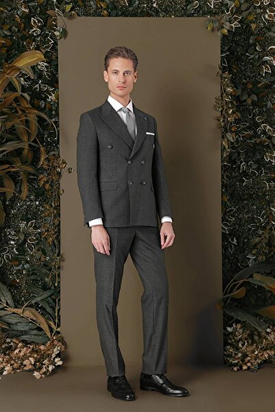 Efor Slim Fit Çift Yırtmaç Çizgili Füme Kruvaze Takım Elbise TK 884