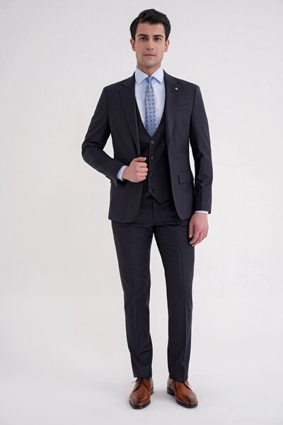 Efor Slim Fit Double Slit Striped Flexible Wool Navy Blue Classic Suit with V...