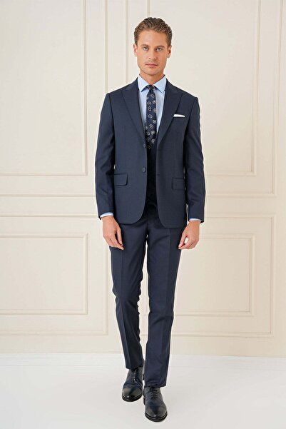 Efor Slim Fit Kırlangıç Yaka Çift Yırtmaçlı Yelekli Klasik Lacivert Takım Elb...