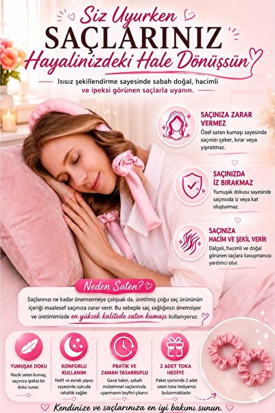 Deko Dekor Isısız Saç Şekillendirme Seti Pudra Pembe Saten Saç Sosisi Saç Bigudisi Seti Saç Şekillendirici