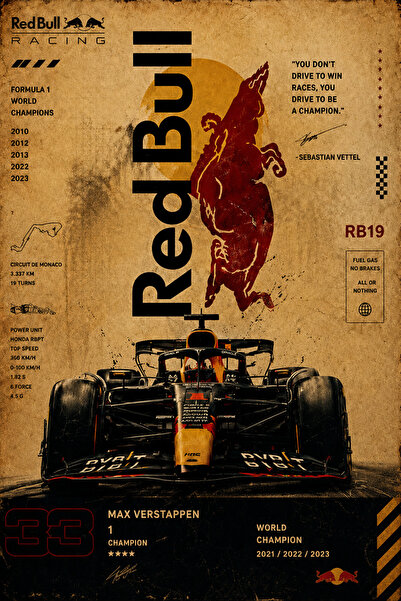 dwarıa Red Bull RB19 Vintage F1 Poster | 50x30 cm Dikey | Formula 1 Duvar Pos...