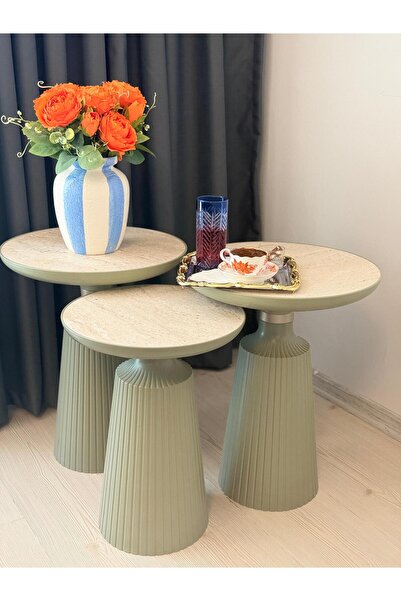 Veloni Calista Mint Yeşili- Traverten Modern 3'lü Yan Sehpa Takımı | Zigon Se...