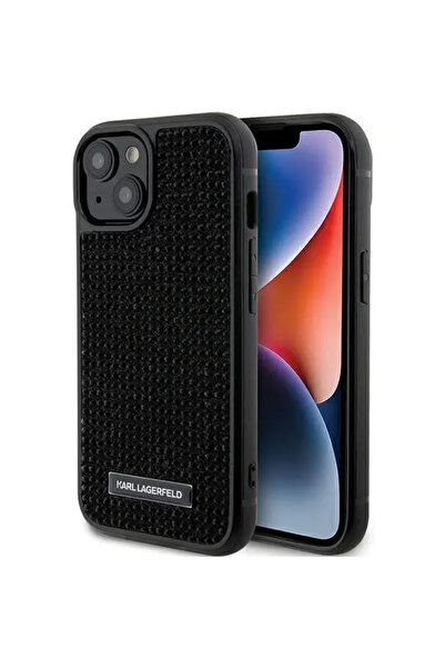 Karl Lagerfeld Carcasă cu placă metalică și logo stras pentru iPhone 15 - neagră