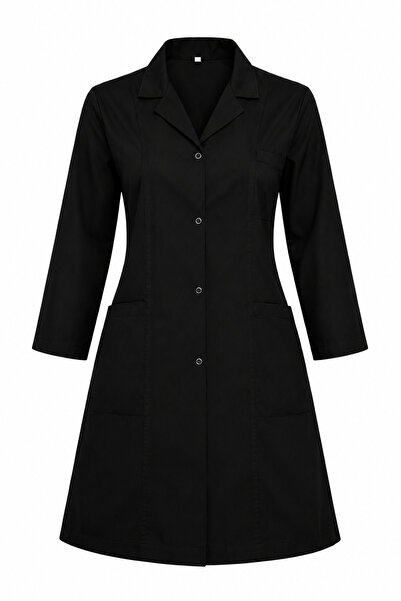LOOKMT MODA Kadın Sıyah Kuplu Çıtçıtlı Uzun Kollu Doktor Önlüğü