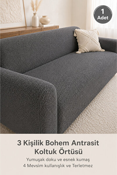 BTF HOME Yumuşacık Welsoft Lastikli 3 Kişilik Koltuk Örtüsü Kaymaz, Esnek Yık...