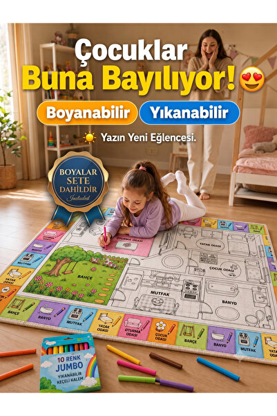 Nizal Home Eğitici Yıkanabilir Tekrar Boyanabilir Çocuk Odası Oyun Matı Boyam...