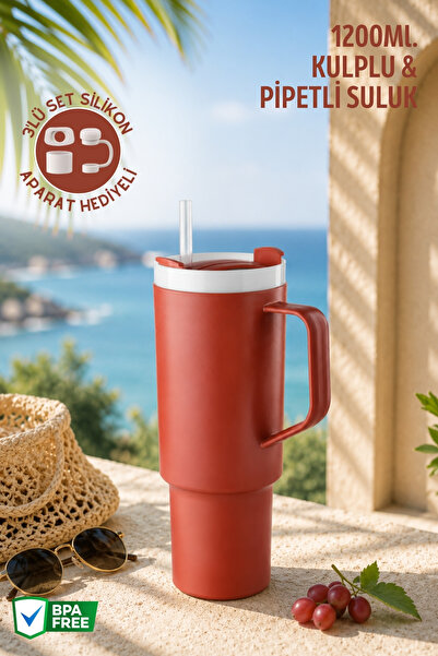 Nandy Home Büyük Boy, Kulplu ve Pipetli 1200Ml. Suluk & Matara - Silikon Apar...