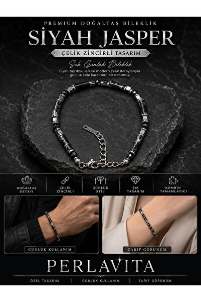 Perlavita Çelik Zincirli Siyah Jasper Doğal Taş Tasarım Bileklik