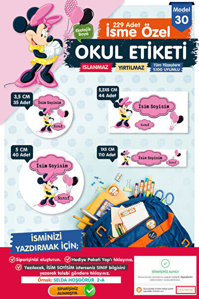 t tuğset etiket Okul Etiketi Mini Mouse Kalem Defter Etiketi Özel İsim Yazıla...