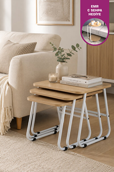 Zigana Multipurpose White Metal Leg 3-Piece Natural MDF Zigon Coffee Table