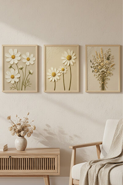 huhuli 3-Piece Daisy and Wildflowers Textured Look Wood Framed Mdf Painting S...