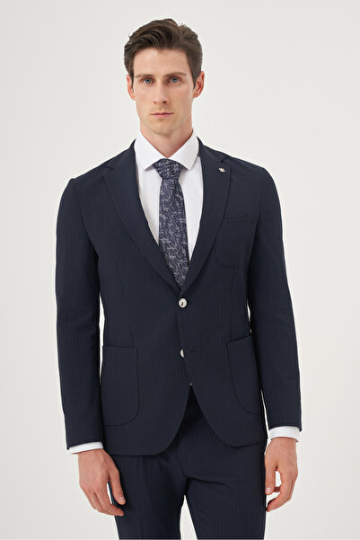 Morven Men's Navy Blue Polyviscon Trend Striped Slim Fit Mono Collar Suit