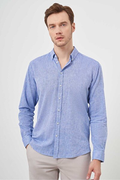 Morven Men's Navy Blue Linen Plain Pattern Buttoned Collar Slim Fit Shirt