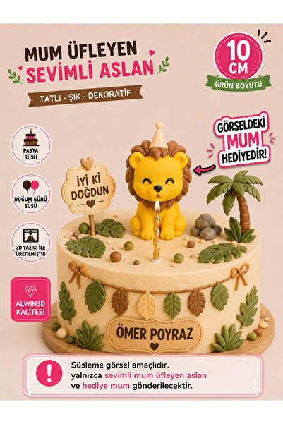 Alwin3d Sevimli Mum Üfleyen Aslan Pasta ve Doğum Günü Süslemeleri, Figür Oyuncak
