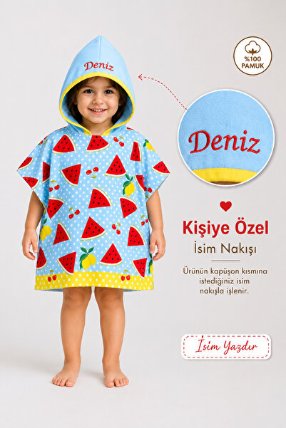 Minilee Meyve Bahçesi - İsimli Çocuk Kapşonlu Panço Havlu – Deniz, Havuz ve B...