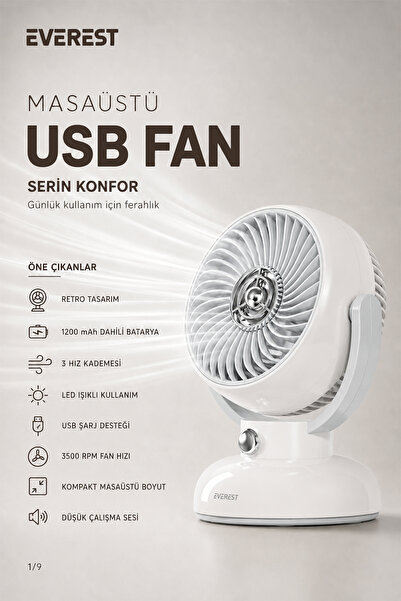 Genel Markalar 1200mAh 3 Hız Kademe Led Işıklı Retro Masaüstü Usb Fan - EFN12