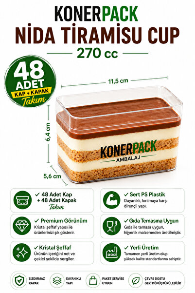 KONERPACK 48 Pieces of Tiramisu Cup with Lid Nida 270 Cc Transparent Hard Pla...